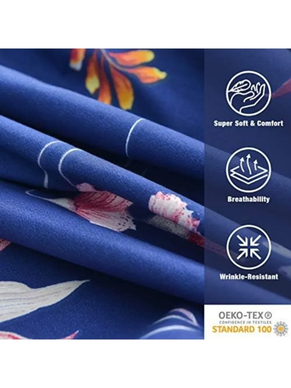 Navy Blue Floral Queen Sheet Set, 6-Piece Soft Microfiber, Extra Deep Pocket